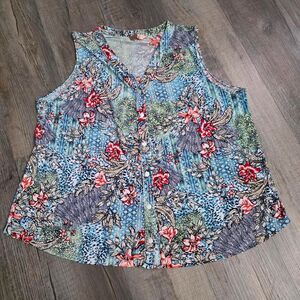 Amana Womens Size 3X Blue Floral Sleeveless Button Up V Neck Blouse Top Casual